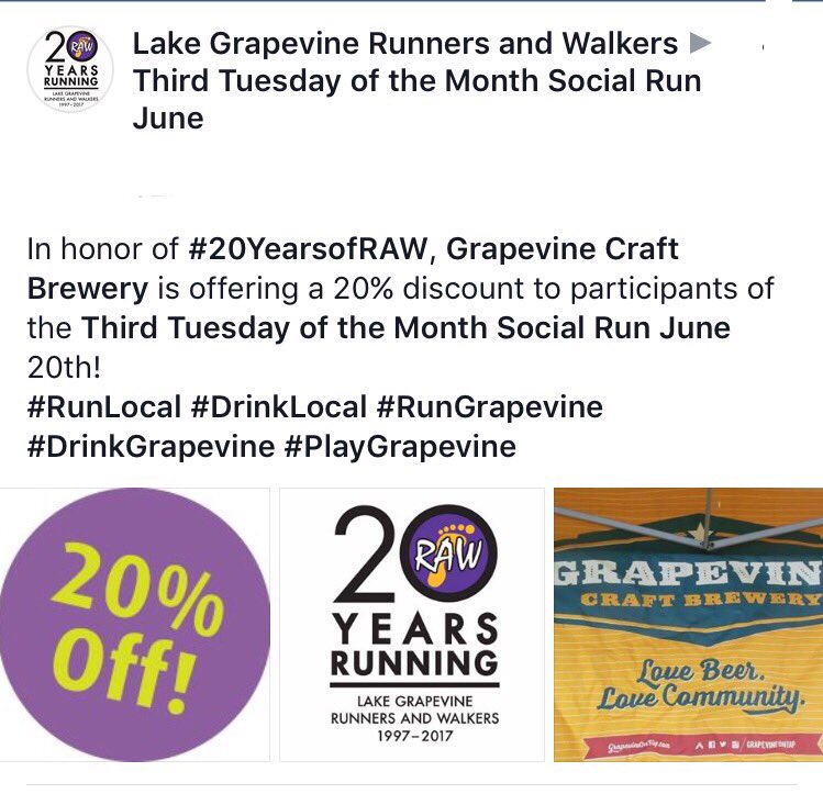 K2Runs's tweet photo. RAWs final 20th Anniversary Celebration event is @grapevineontap June 20:
20% off beers
@CMLobster Food truck
Cake and fun! #20YearsofRAW https://t.co/vwQOwO7sMJ