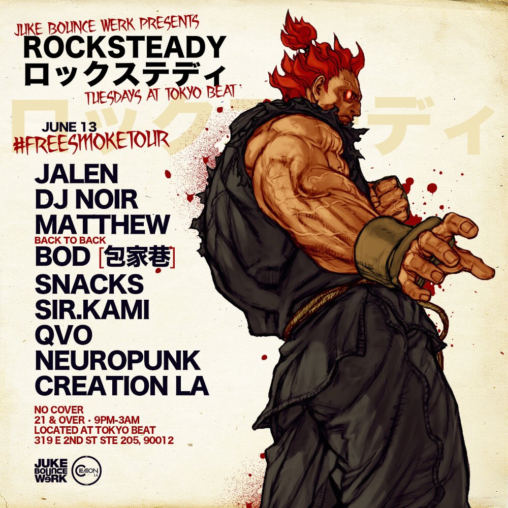 neuropunkdj's tweet photo. TUESDAY!! #viberocksteady #freesmoketour #jukebouncewerk #togfootworkcrew #creationla https://t.co/MHuosBN0wG