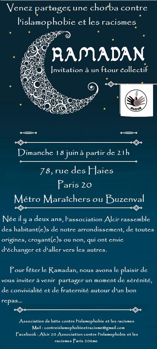 Hé oui on remet ça! ALCIR vous invite à son IFTAR collectif dimanche 18 entrée libre et gratuite, en toute convivialité venez nombreuses/x