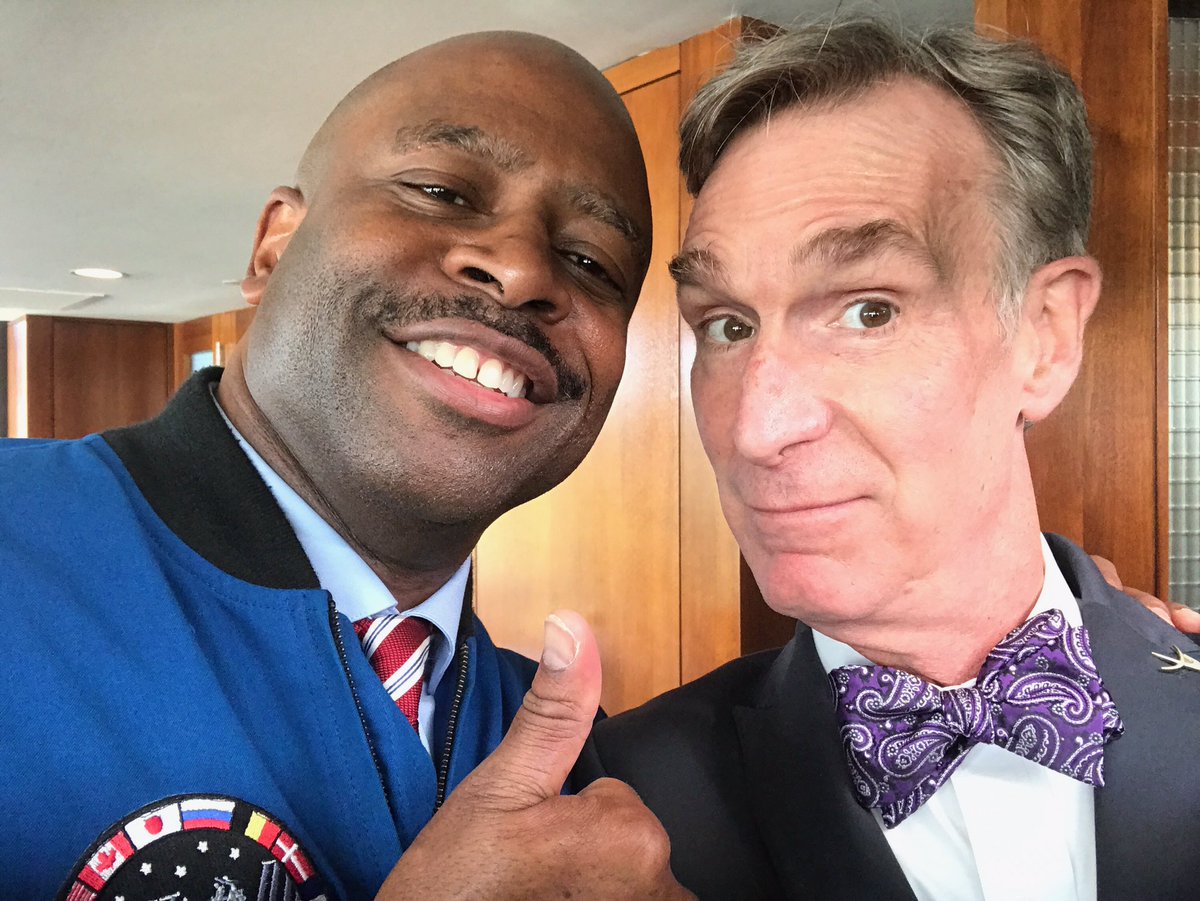 BillNye's tweet photo. Astronaut Leland Melvin and I #ExploraVision. My 14th year celebrating science education!! https://t.co/Wc7eEOORT8