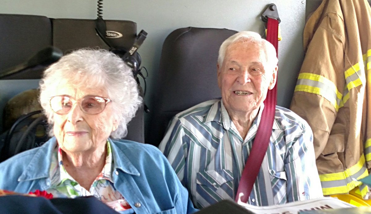 WeberFireDist's tweet photo. Engine 61 helped celebrate a 100th birthday party by giving Mrs.Pledger and her husband a ride in the engine #100thbirthdayE61 https://t.co/NQRFwj0WGh