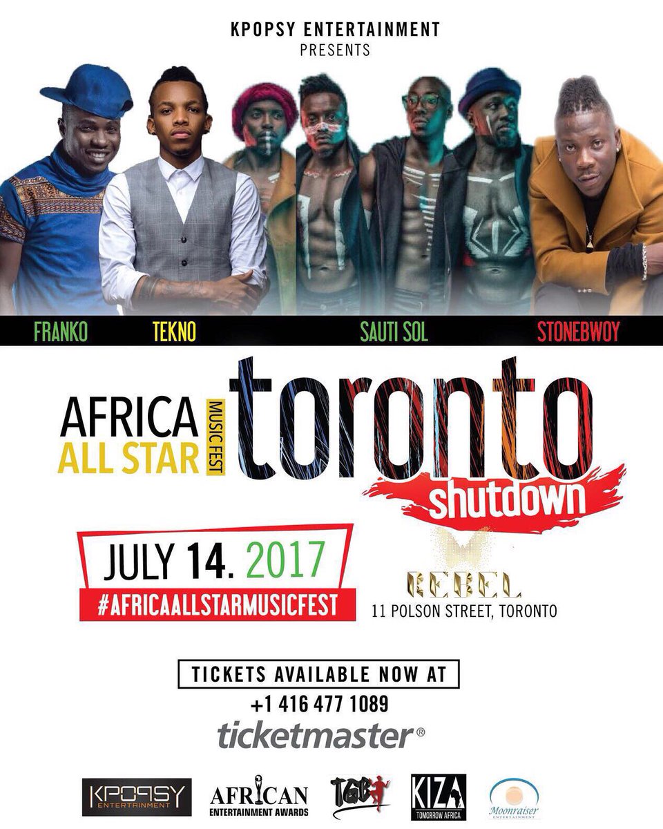 whenintoronto's tweet photo. See  @FrankoOfficiel  @StonebwoyB @TeknoOfficial @SautiSol up close and personal Friday July 14th. 
Buy tickets https://t.co/G9flrnaxFT https://t.co/z7BynLd8bG