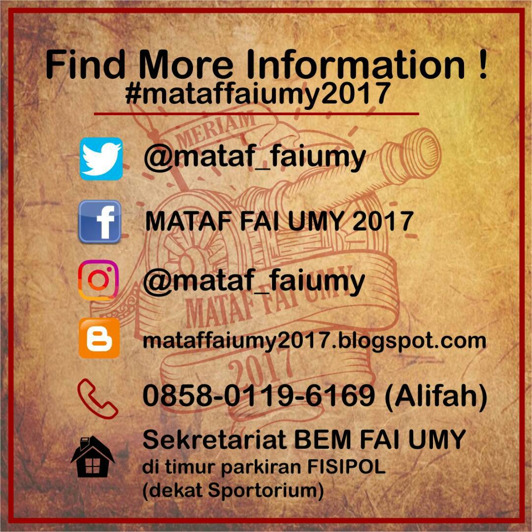 Untuk info lebih lanjut seputar mataf FAI Umy silahkan follow atau hubungi nomer dibawah ini #mataffaiumy2017 <a href="/infoUMY/">tweetUMY</a> <a href="/UMYogya/">UMY</a> <a href="/penmaruumy/">arek arek</a>