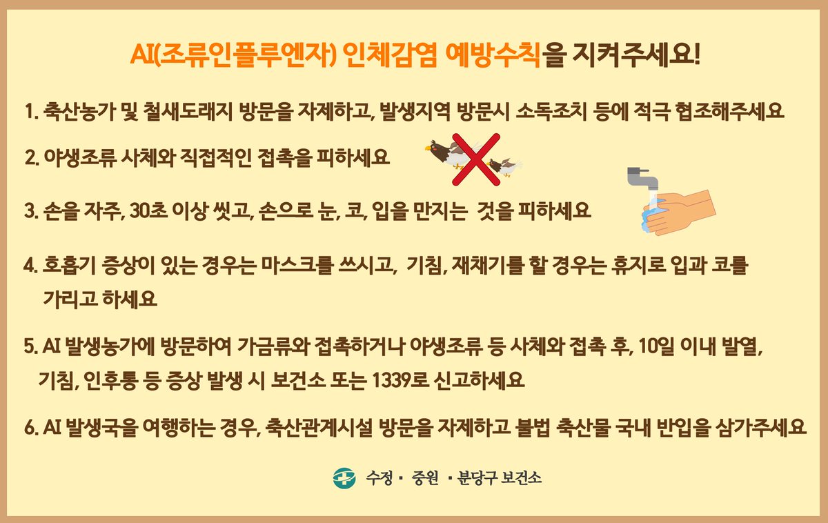 최근 제주, 군산 등에서 발생한 AI(조류인플루엔자)가 고위험성으로 확인되어 AI 위기단계가 '심각'으로 격상되었습니다. 이에 '성남시인체감염대책반'을 구성,운영중에 있는바, 'AI(조류인플루엔자) 인체감염 예방 수칙'을 알려드립니다.
#성남시