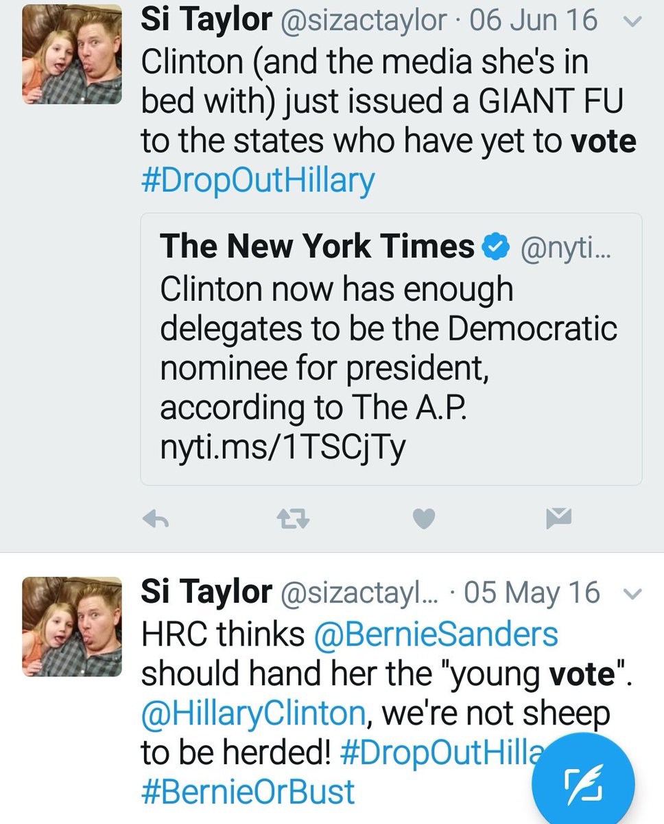 cinemaven's tweet photo. @xoxoBONES @sizactaylor @vinivinidogo @SarahLerner They forget we can see their tweets 
Like when they were saying #dropoutHillary... But now are all sunshine &amp; unity https://t.co/tobui3fqZt