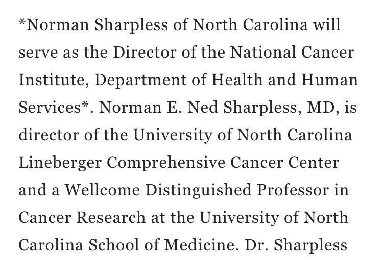 DamaniaLab's tweet photo. Big congratulations to our @UNC_Lineberger Cancer Center director Dr. Ned Sharpless who will be the next NCI director.
@UNC_SOM @UNC https://t.co/SfpfTISmAG