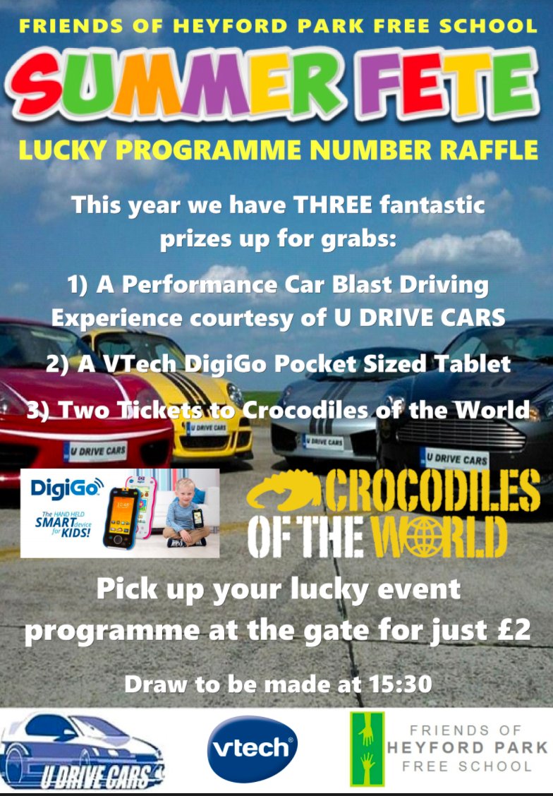 FoHPFS's tweet photo. Entrance Raffle, some fab prizes up for grabs!!!!

#Summerfete Don't Miss Out! #HeyfordParkFreeSchool https://t.co/rKy3ltPAwp