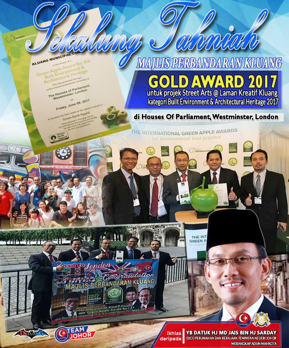 Tahniah <a href="/mpkluang/">MP Kluang</a> atas anugerah Gold Award 2017 di London, UK..

<a href="/JaisSarday/">Md Jais Sarday</a>