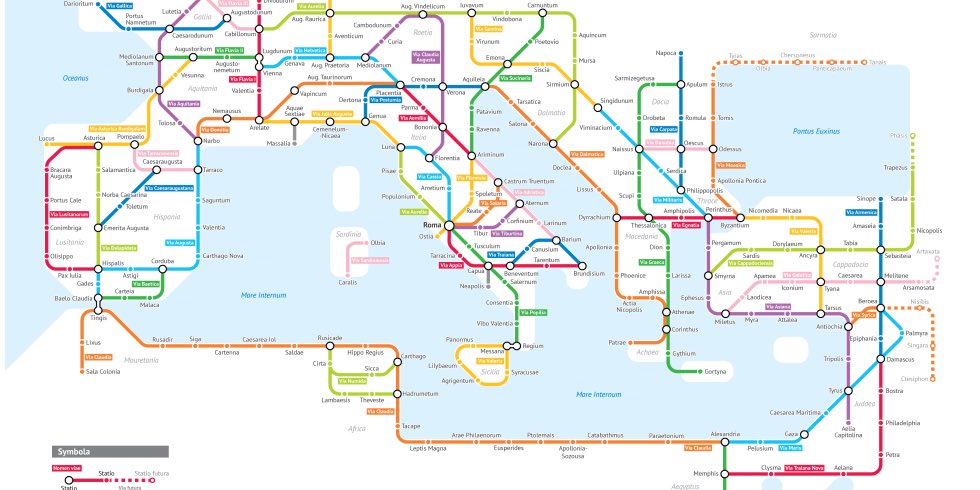 tedgioia's tweet image. Reimagining the roads of the Roman Empire as a subway system. flip.it/sKxaWs