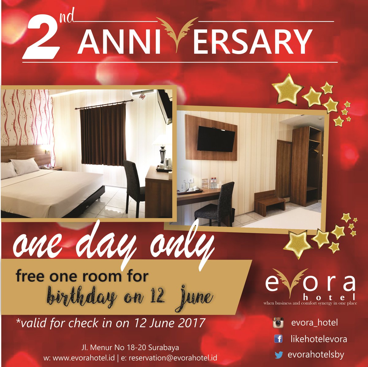 Promo Anniversary part II, yang lahir di tanggal 12 Juni gratis menginap satu malam😊
Untuk promo ini syarat dan ketentuan berlaku ya 🤗