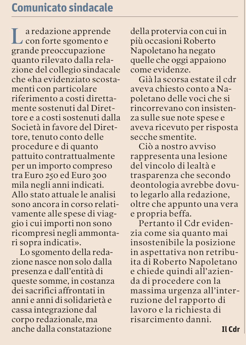 Dopo la relazione sulle note spese dell'ex direttore, il Cdr chiede di chiudere definitivamente con il passato mobile.ilsole24ore.com/solemobile/mai…