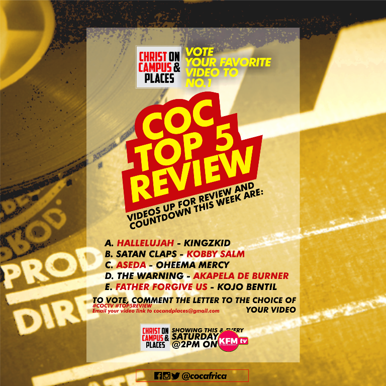 CocAfrica's tweet photo. Which #video secures the No.1 spot today on #COC
@IamKingzkid @OhemaaMercy @KobbySalm @akapeladeburner @kojobentilPM
#Top5Review https://t.co/kfFAL7avfM