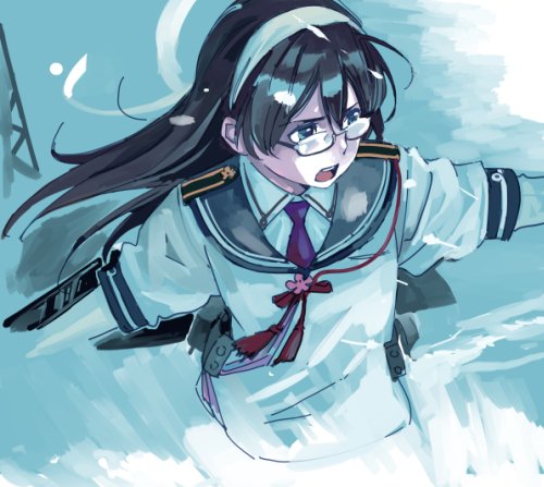 ooyodo (kancolle) 1girl solo glasses black hair long hair hairband school uniform  illustration images