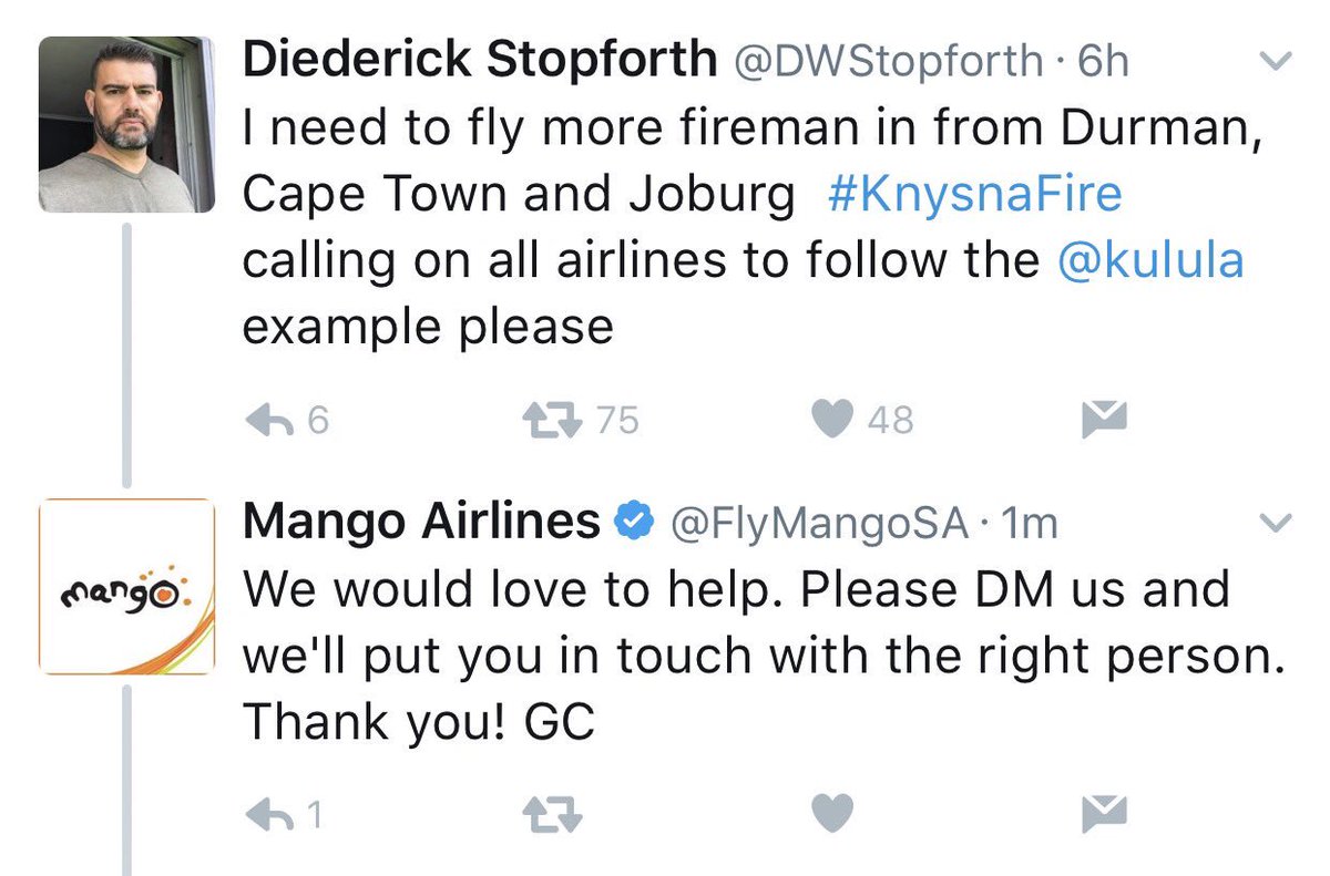ChangeAgentSA's tweet photo. "@yaseentheba: Thank you @FlyMangoSA! This is #Ubuntu in Action! #KnynsaFire #OperationSA https://t.co/qn3VTEqQJM"