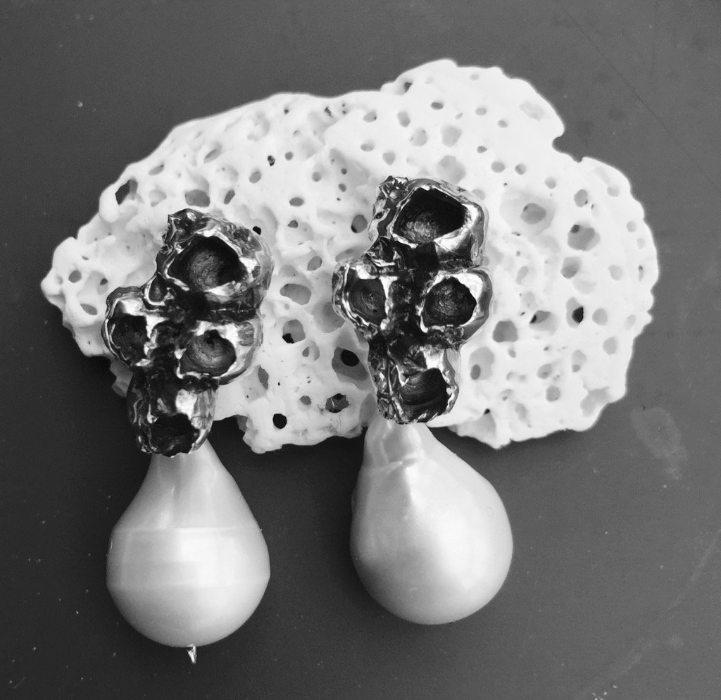 #earrings cast in #sterling #barnacles #jetties #beach #nantucket #pearls