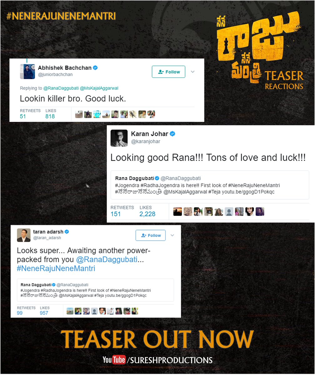 SureshProdns's tweet photo. Thank you all for d love and support, here are few #NeneRajuNeneMantri teaser reactions. Stay tuned 4 more updates! https://t.co/yu0p5E3Ily https://t.co/IY5C9VEvYO