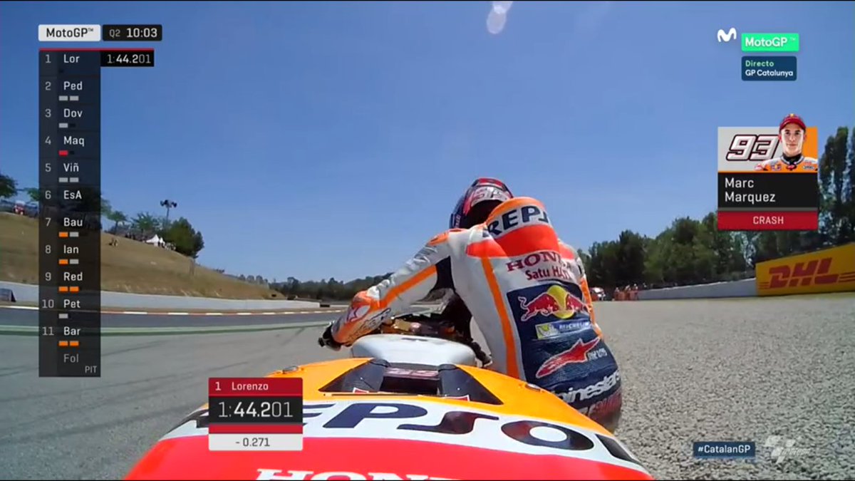 WeAre93's tweet image. Otra caída para @marcmarquez93 está bien 
Crash for #MM93 , he is ok and on his way back to the pits 
 #IAM93 #CatalanGP #MotoGP