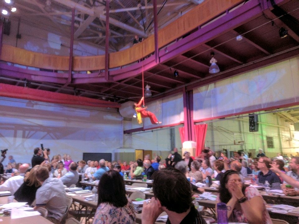 KirkARexford's tweet photo. It's a new day indeed when the Bishop rappels in! #WPAUMC17 https://t.co/p8ePci5imO