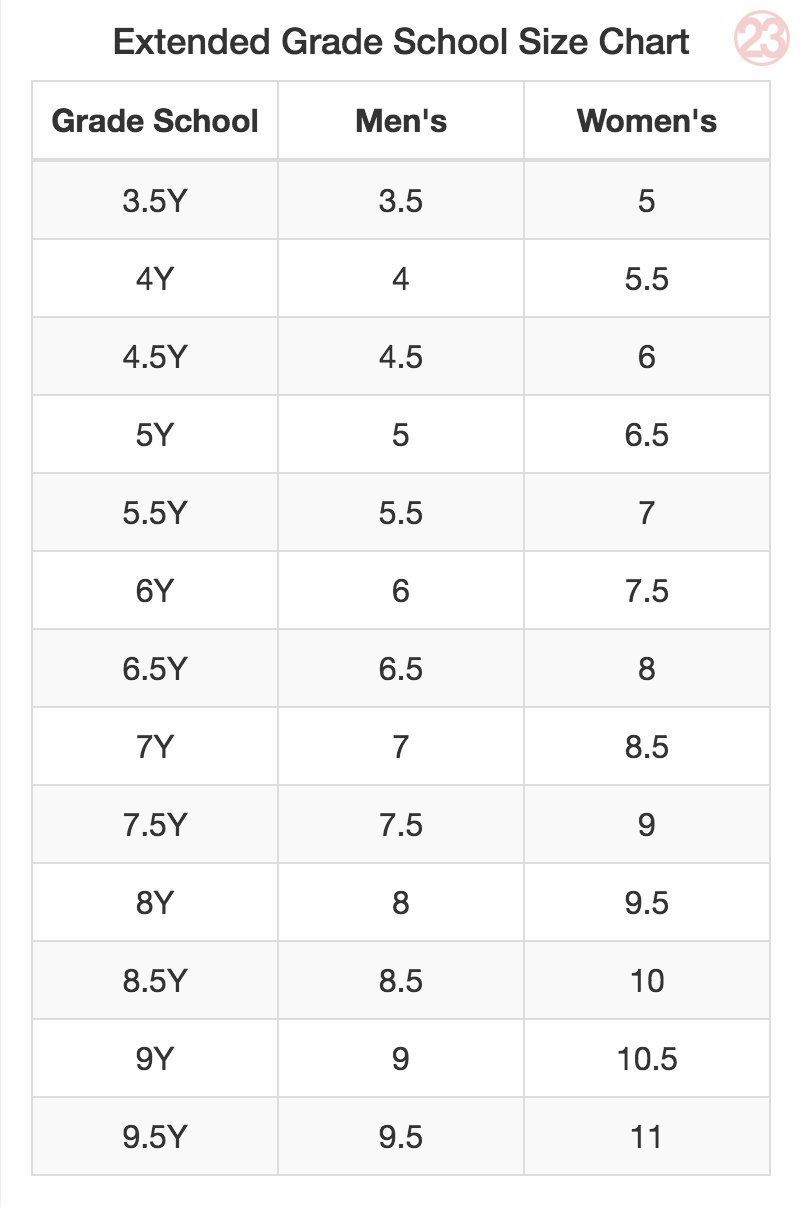 grade school jordans size chart