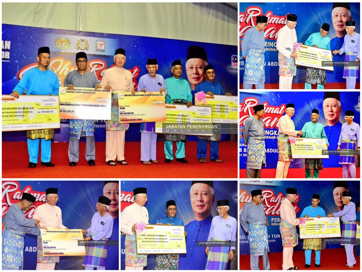 <a href="/NajibRazak/">Mohd Najib Tun Razak</a> <a href="/khalednordin/">Khaled Nordin 🇲🇾</a> #jauharku | YAB P.Menteri, <a href="/NajibRazak/">Mohd Najib Tun Razak</a> menyerahkan replika cek sumbangan duit raya &amp; sumbangan kpd j/kuasa masjid.
#ihyarahmatramadan #felda