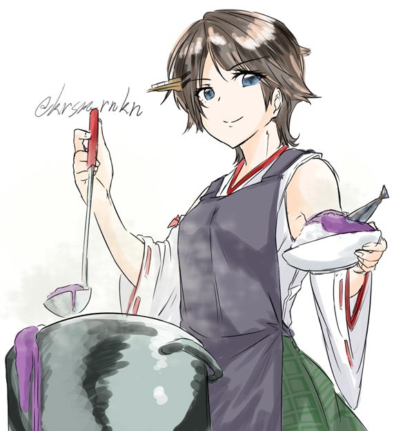 hiei (kancolle) bad food 1girl short hair solo ladle brown hair apron  illustration images