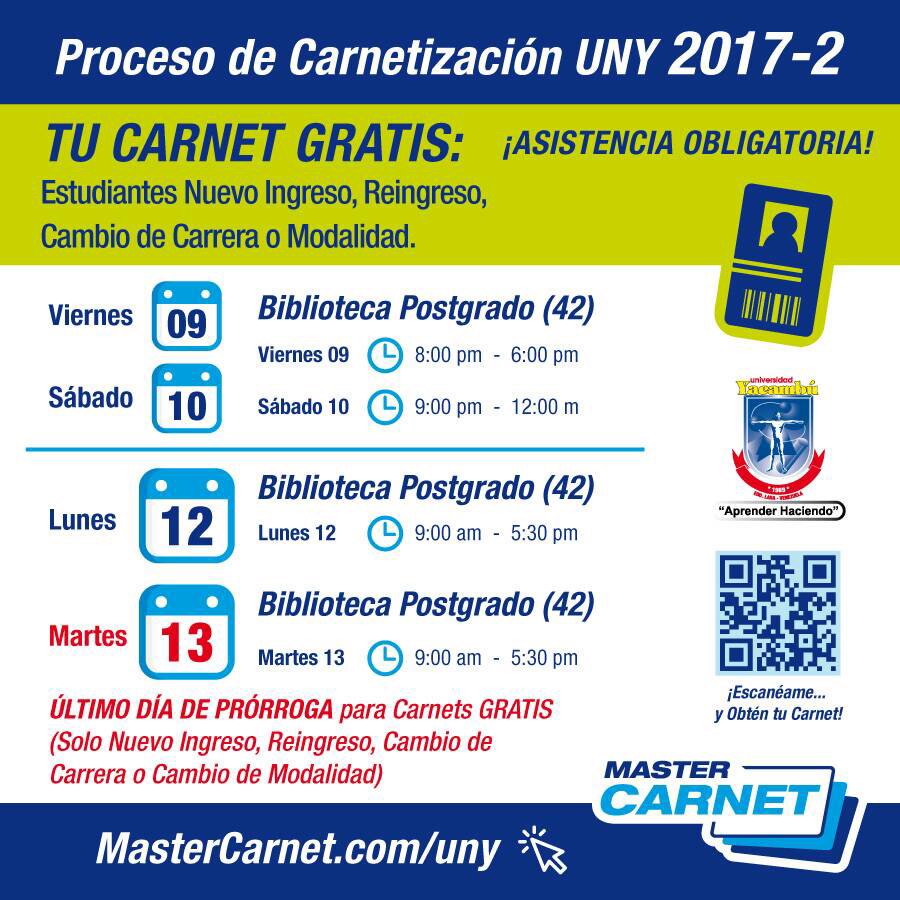 facaduny's tweet photo. ATENCIÓN: Activo el #ProcesoDeCarnetización gratuito para TODOS los estudiantes UNY. Aquí las fechas y sedes para que acudas a solicitarlo 👍 https://t.co/gVOnHvNR7v