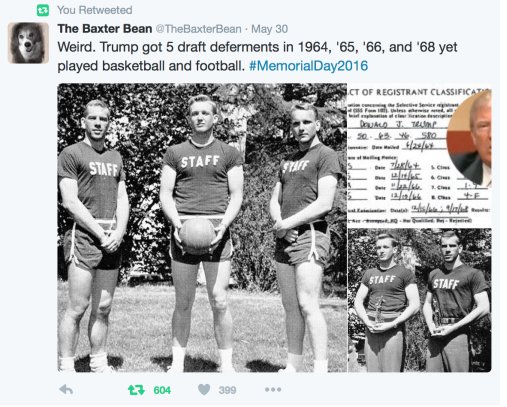TheAngryindian's tweet photo. #Trump's #DraftDeferments: 4 for College, One for Bad Feet #MemorialDay #HomeOfTheBrave  https://t.co/eIJ8bqwaFu https://t.co/zuEovC8LEF https://t.co/EKvXA3ENZr