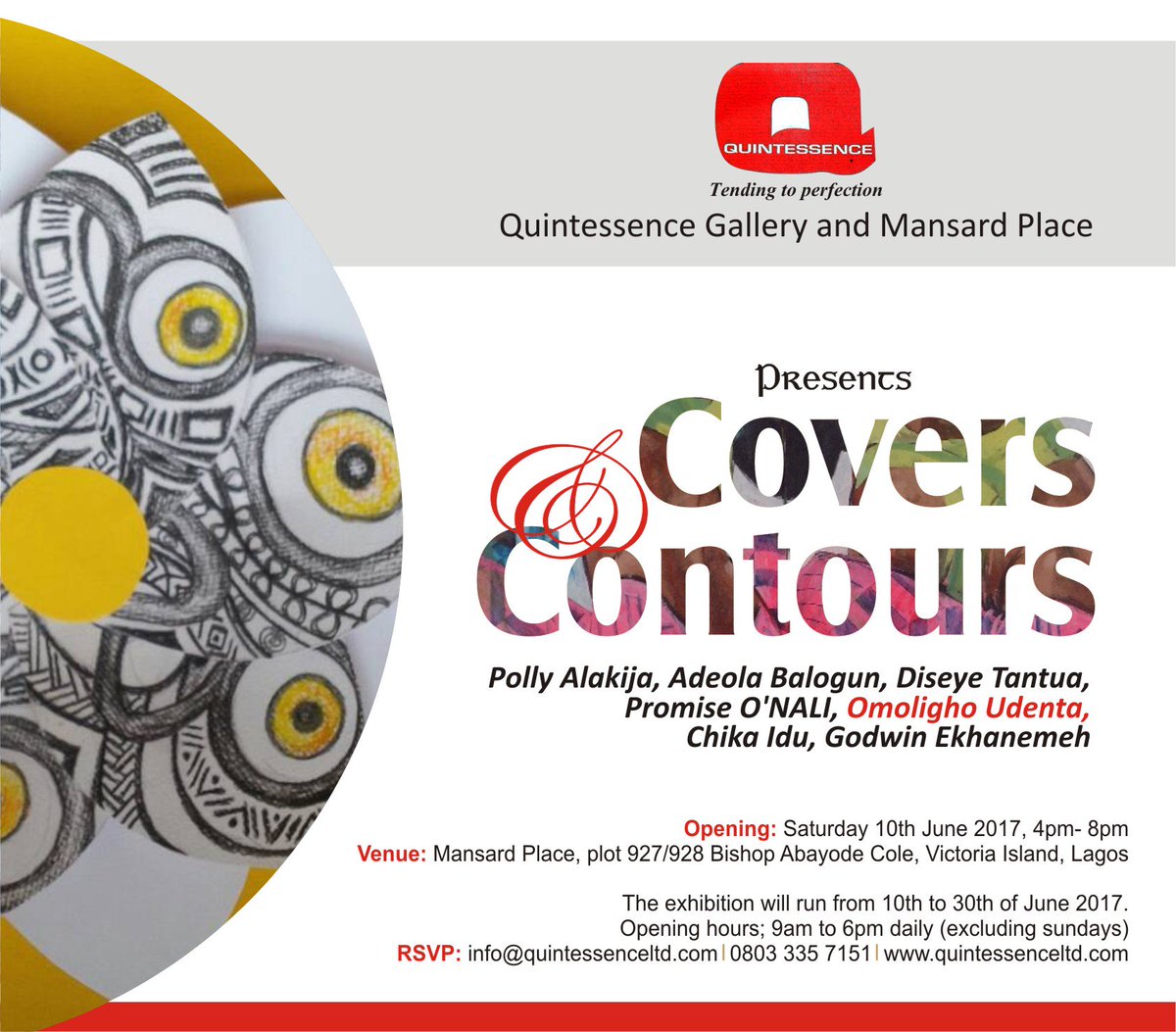 quintessenceng's tweet photo. Join @omoligho udenta @Ajaniogun @PollyAlakija @chikaidu @promiseonali @DiseyeT at Covers and Contours exhibition at Mansard Place #Painting https://t.co/MwHSYtVjl6