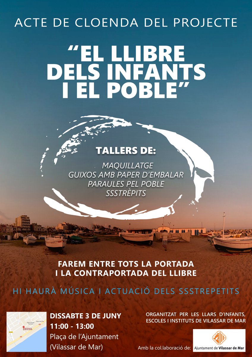vilaeducvdm's tweet photo. Aquest dissabte a la plaça de l'Ajuntament presentació del llibre gegant dels centres educatius de #vilassardemar. #col·laboranteduquem https://t.co/8CYEyWo3qc