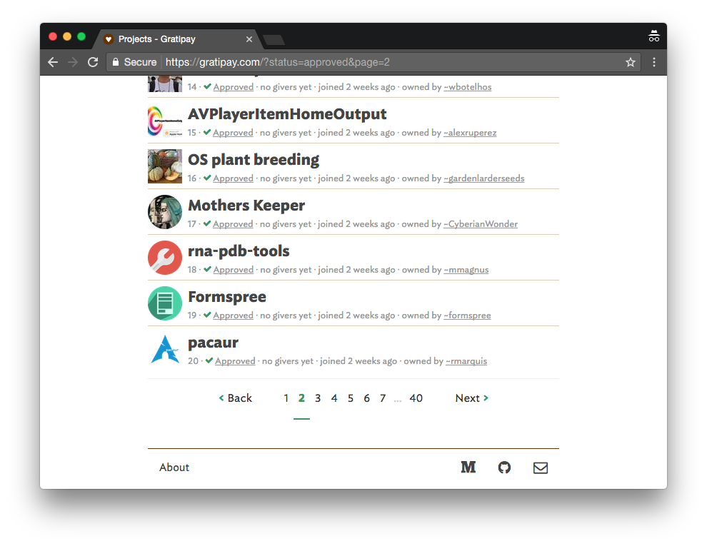Gratipay's tweet image. Thanks once again to the inimitable @RohitPaulK, we now (finally!) have paging on the listings on the homepage. #backtobasics #layups 🐤 🐢 🏀
