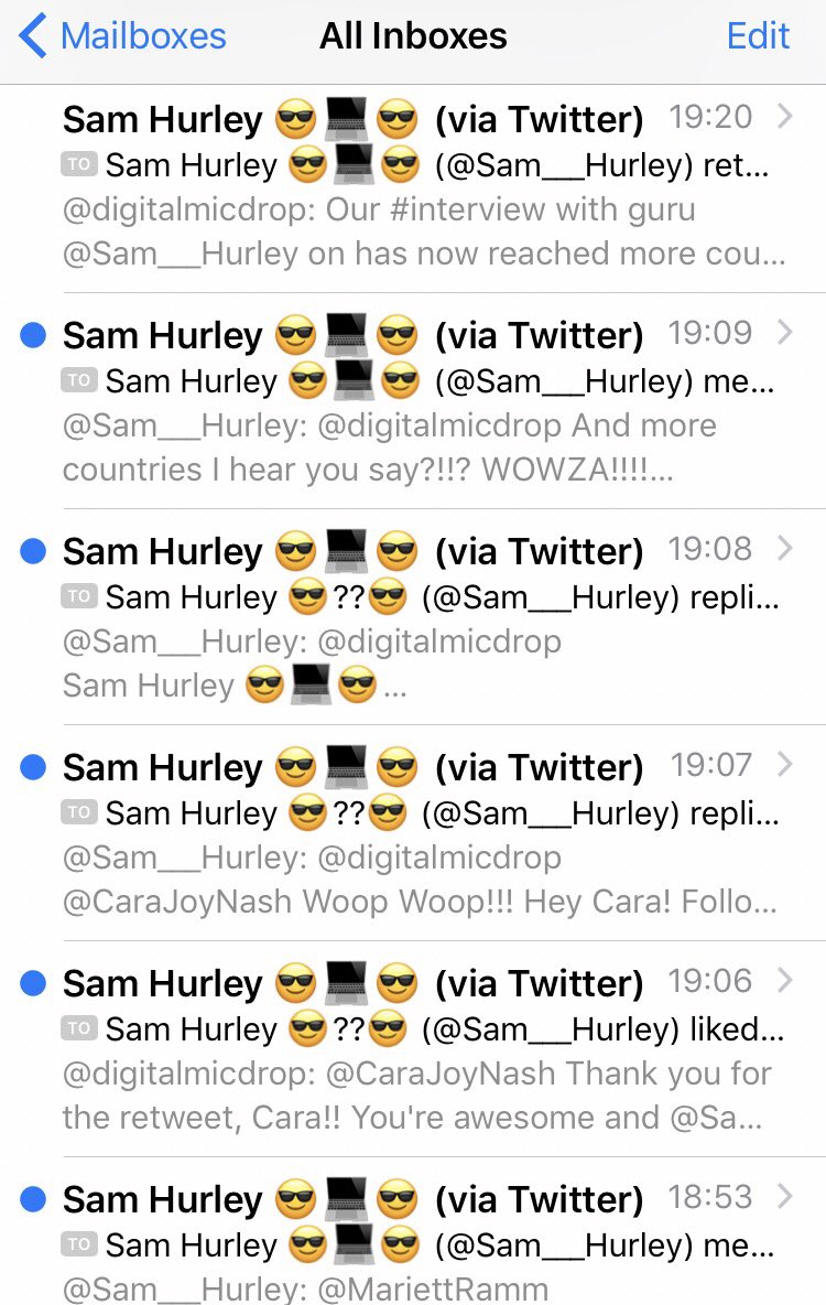digitalmicdrop's tweet photo. When you mention @Sam___Hurley in a tweet, the inbox tends to go a little bonkers... | #emailgonebananas #samlikestocomment #samforprez https://t.co/PqH7a7zTRE