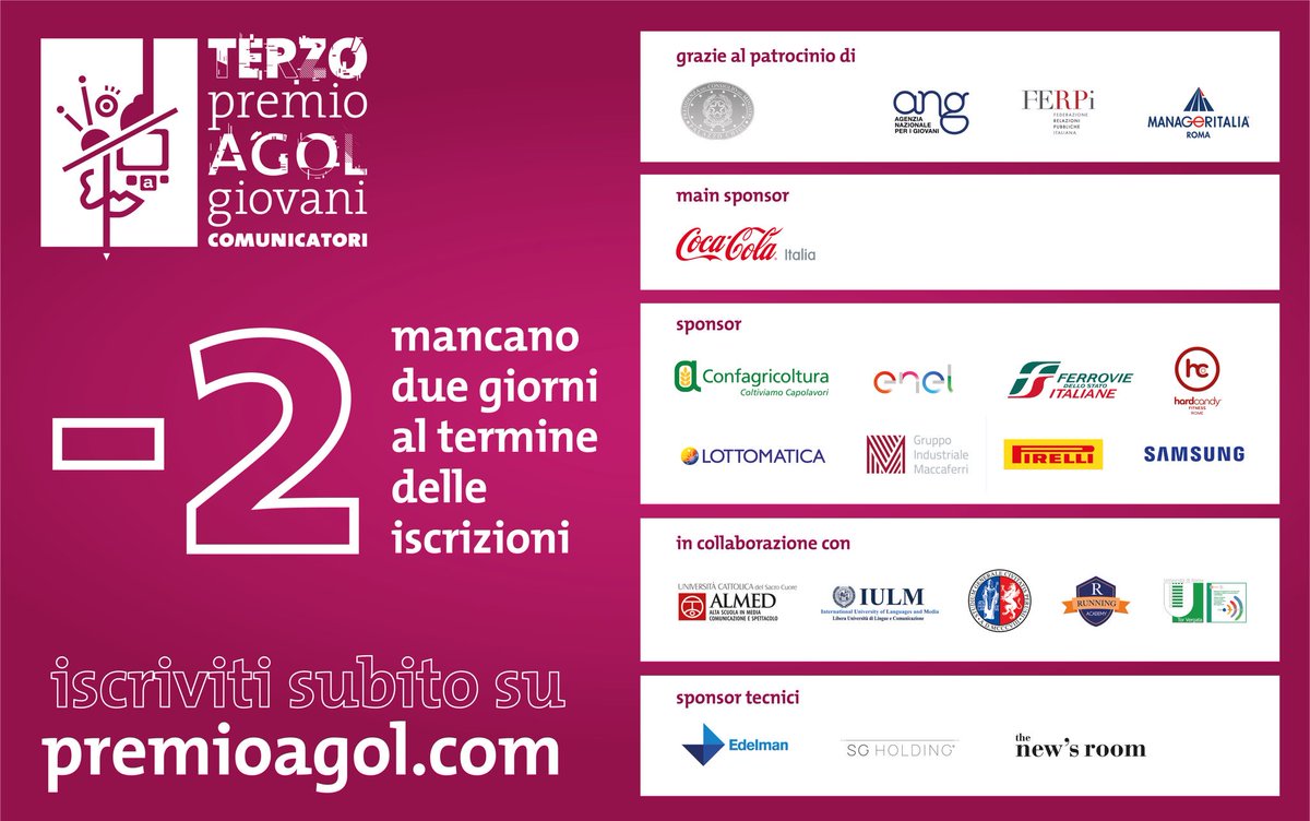 Agolnet's tweet photo. Iscriviti entro domani#PremioAgolGiovaniComunicatori su: https://t.co/ZPrG4lXmOn @EnelGroupIT  @AgenziaGiovani @CocaColaIT @Ferpi2puntozero https://t.co/9kY1OZZpz0