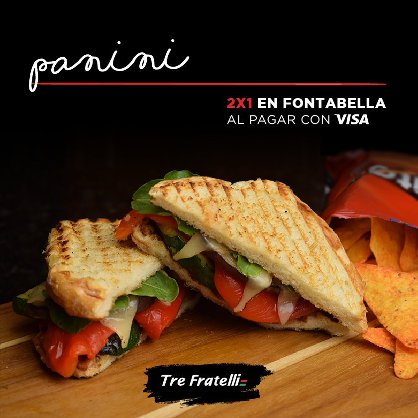 TreFratelliGt's tweet photo. ¡La mejor promoción para tu tarde ha llegado!
2x1 en nuestra Stazione di Panini al pagar con tus tarjetas VISA. https://t.co/6aEqOrpqGE