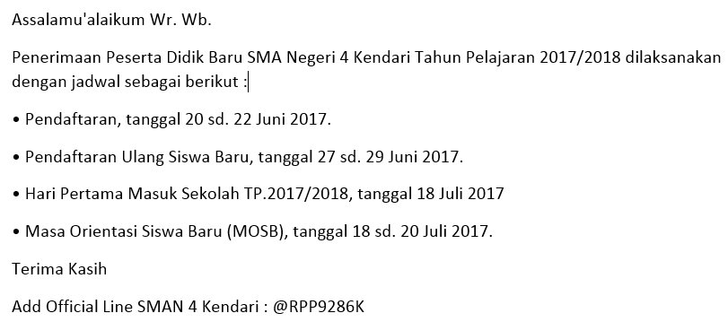 Assalamu'alaikum Wr. Wb.
Jadwal Pelaksanaan Penerimaan Peserta Didik Baru SMA Negeri 4 Kendari Tahun Pelajaran 2017/2018  
#SMAN4Info