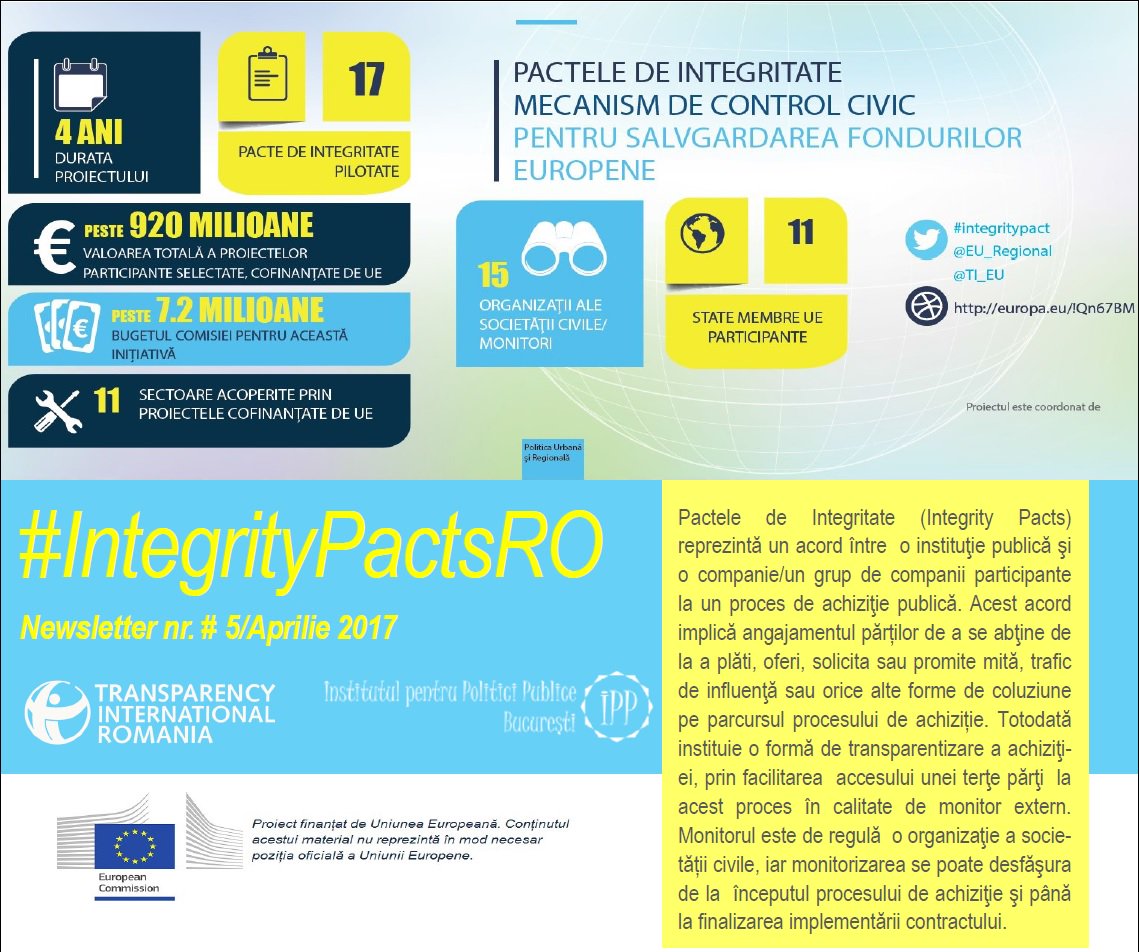 A apărut al cincilea număr din din newsletter-ul dedicat Pactelor de Integritate. Pentru mai multe informații => goo.gl/VxQO1I