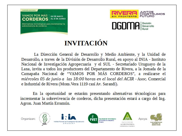 Desarrollo_IDR's tweet photo. Se invita a productores del departamento para la Jornada de la Campaña Nacional de "Vamos por más corderos" el 05 de junio hora 18 en ACIR. https://t.co/TIuUxHXW27