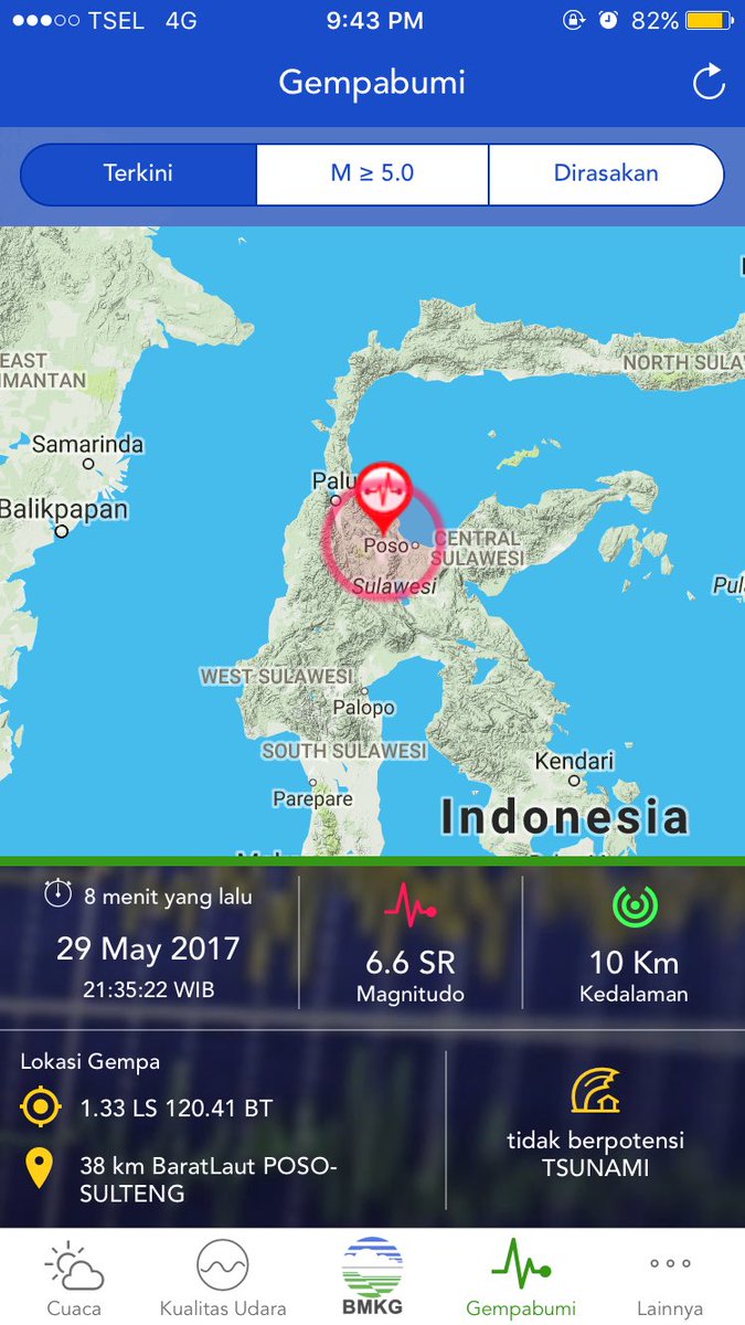 infoBMKG's tweet photo. #Gempa Mag:6.6 SR, 29-Mei-17 21:35:22 WIB, Lok:1.33 LS,120.41 BT (38 km BaratLaut POSO-SULTENG), Kedlmn:10 Km #BMKG https://t.co/O2NP1RTKBu