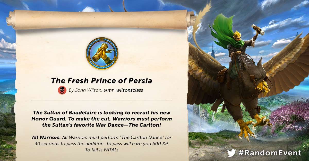 classcraftgame's tweet photo. Need a new #RandomEvent? Try "Fresh Prince of Persia" by @mr_wilsonsclass! Visit our forums for more ideas: https://t.co/3hb1tVn35v https://t.co/kNrYhGJ0bz