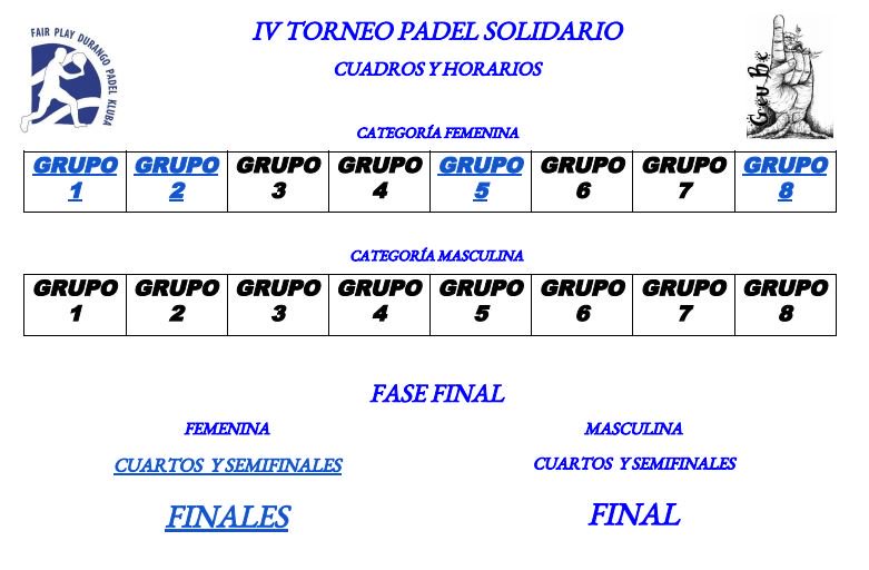 IV PADEL SOLIDARIO
Ya tenemos los cuadros de Categoría Femenina en la web:
fairplaydurangopadelkluba.com