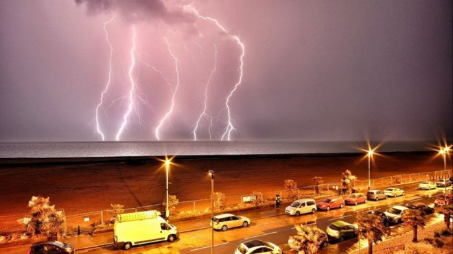 BBC's tweet image. ⚡⚡Striking images from the violent storm that hit the South East of England last night. bbc.in/2rfQX36