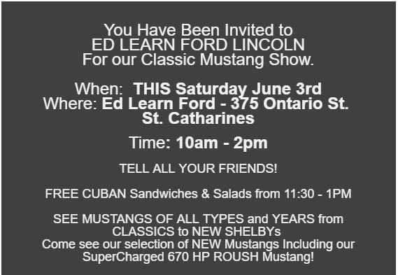 edlearnford's tweet image. YOU Are Invited to @edlearnford this Saturday for our Annual Classic Mustang Show! #mustang #edlearnfordlincoln #freefood