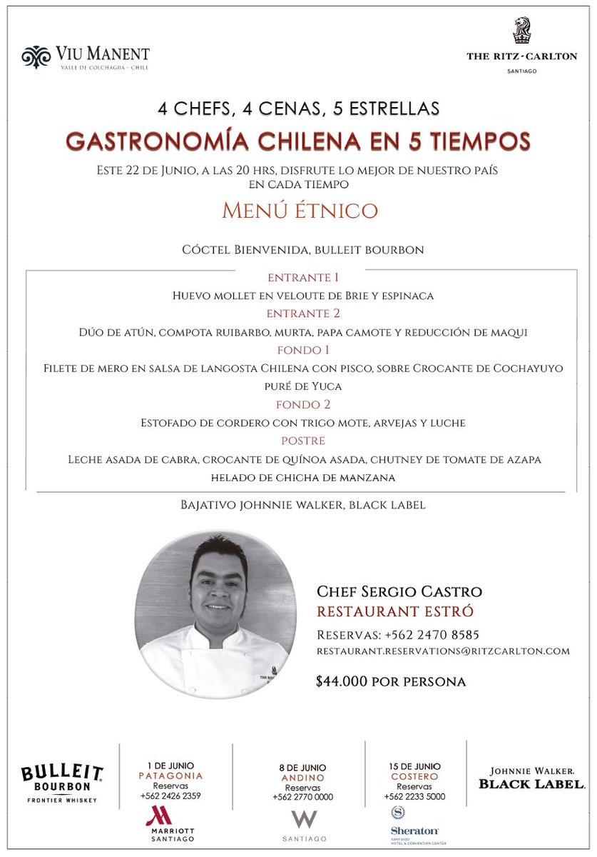 RCSANTIAGOCHILE's tweet photo. Bienvenidos a nuestro Festival gastronómico, diferentes platillos y cepas para celebrar! 22 de junio #Estró #4chef #5Estrellas https://t.co/bX50funhNA