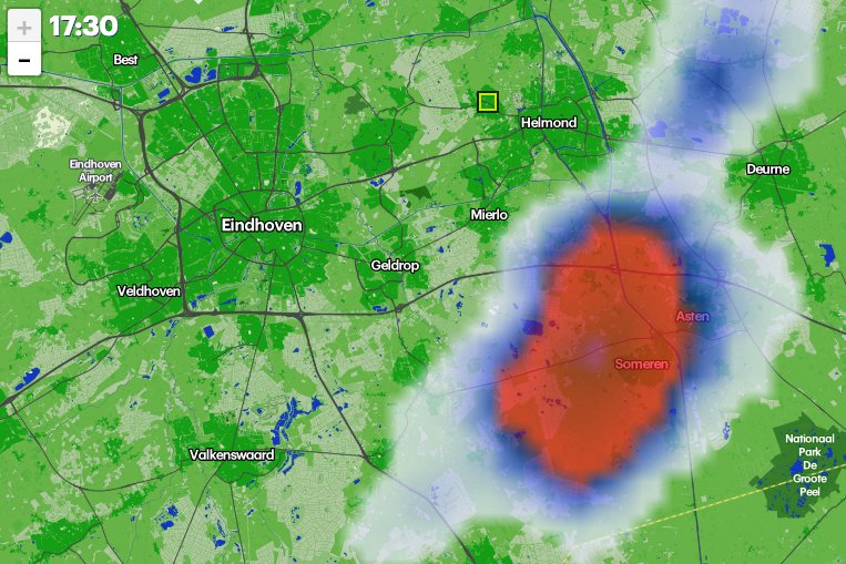 OnTheMaxx's tweet photo. Oosten van Eindhoven pittige onweersbui met mogelijk hagel (paars) en wolkentoppen tot 12-13 km (oranje/rood)! https://t.co/d3Ks1UIE9Q