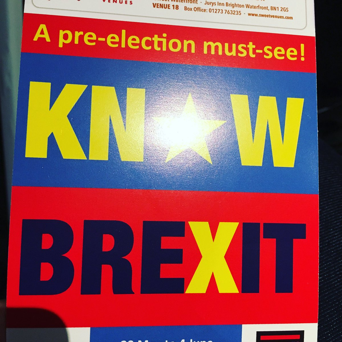AaronRossPorter's tweet photo. Enjoyable show at @brightonfringe called @knowbrexit. Light hearted, informative take on what next post Brexit! #brexit #BrightonFringe https://t.co/U4MP45L6DN