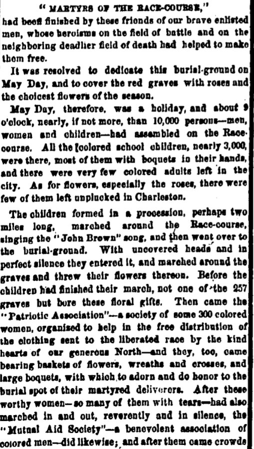 karpmj's tweet image. The very first Memorial Day was observed by former slaves, honoring the graves of Union soldiers in Charleston nytimes.com/2011/05/30/opi…