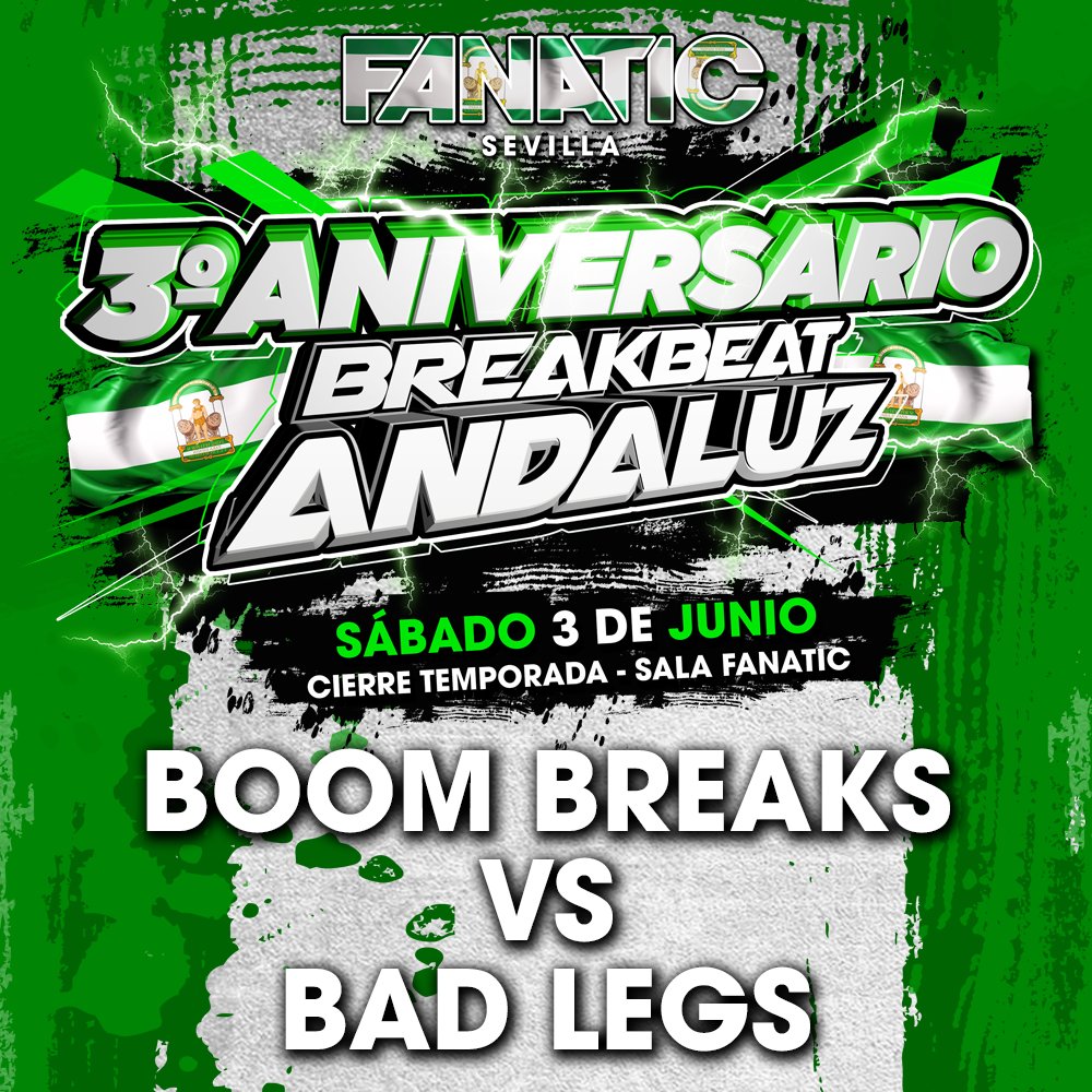 8zero8Club's tweet image. 🔥 3 JUNIO - Aniversario Breakbeat Andaluz - Fanatic 🔥 

BOOOOM Breaks VS Bad Legs 

Te apuntas al duelo del ritmo roto?