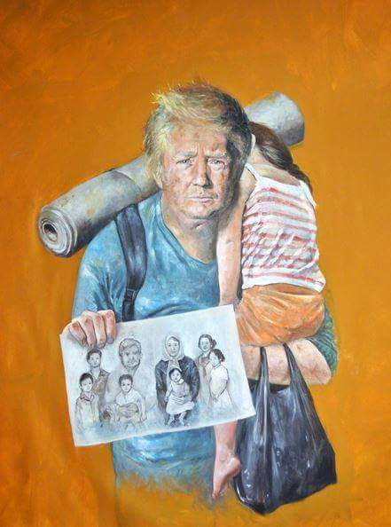 Image result for syrian artists turns world leaders into refugees