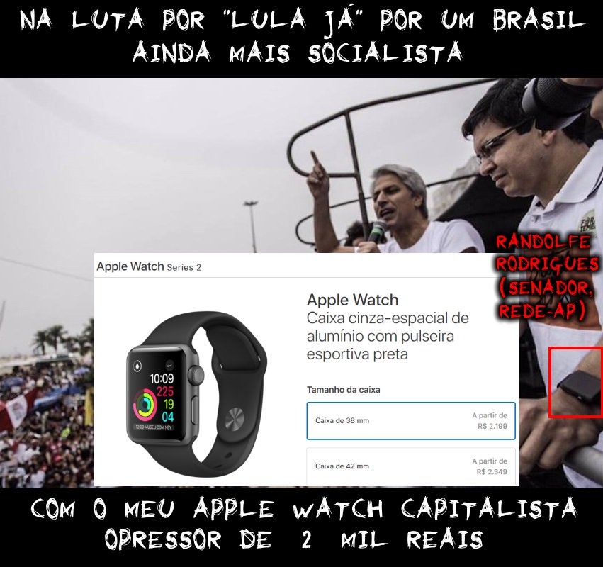 -> Quer "Lula Já" por um Brasil mais socialista;
-> Usa um Apple Watch de 2 mil reais.
Parabéns, <a href="/randolfeap/">Randolfe Rodrigues</a>, mais um hipócrita esquerdista!