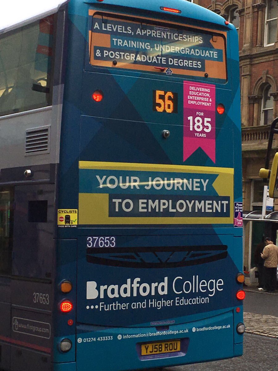 BradfordCollege's tweet photo. Have you spotted one of our branded busses yet? Tag us when you see it. Your Journey to Employment starts at Bradford College - Apply Now! https://t.co/u4nyUesEdw