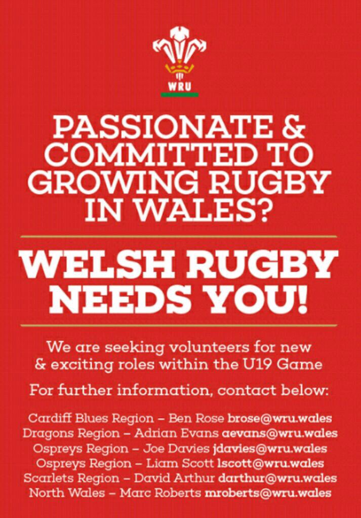 Exciting volunteer opportunities to help shape and develop U19 rugby across Wales! #WelshRugbyNeedsYou  #ThisIsWelshRugby